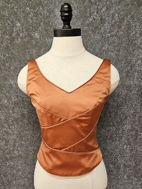 Raylia Designs Satin Corset, Vneck, Lace Back, Bronze, Sz 4, Fairy Festival Top